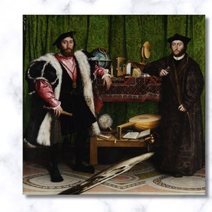 May include: A painting of two men in Renaissance clothing standing in a room with a table filled with objects. The men are wearing black and brown robes with fur collars. The table is covered with a red cloth and has a globe, a lute, and other objects on it. The background is a green curtain.