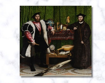 May include: A painting of two men in Renaissance clothing standing in a room with a table filled with objects. The men are wearing black and brown robes with fur collars. The table is covered with a red cloth and has a globe, a lute, and other objects on it. The background is a green curtain.