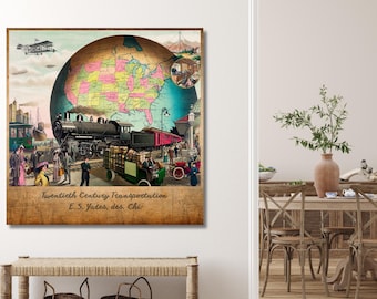 Vintage Transportation Canvas Wall Art: Train, Airplane, Automobile