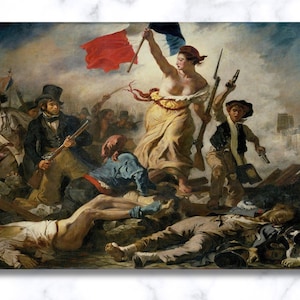 Französische Revolution, Eugène Delacroix, 14. Juli, Freiheit führt die Volkskunst, ikonisches Kunstwerk, Wohnzimmer, Marschierende Frau, französische Flagge
