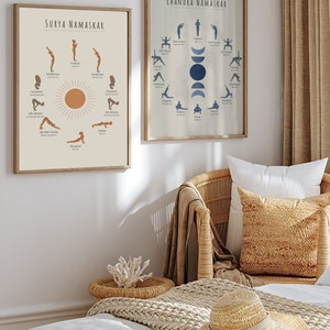 Conjunto de 2 pôsteres de saudação ao sol e à lua para ioga | Surya Namaskar - Chandra Namaskar | |Decoração de parede para impressão | Download Digital Instantâneo