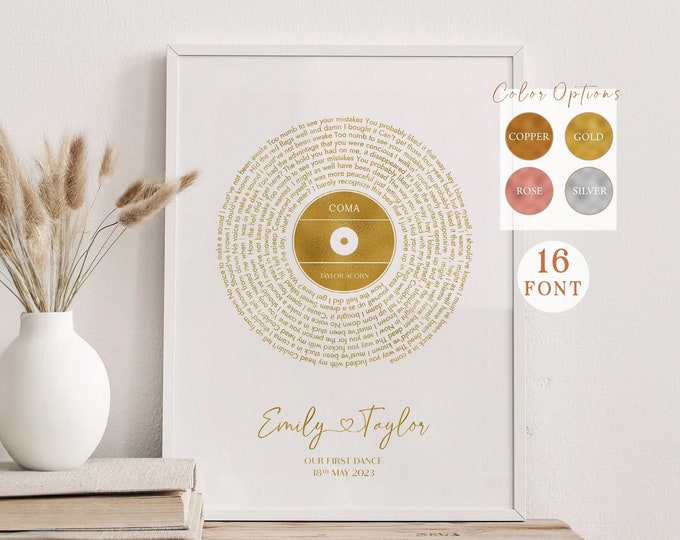 Personalized Vinyl Record Song With Lyrics, Custom Foil Metallic Song Lyrics Art, Favourite Song Personalised Gold, Favourite Song Print