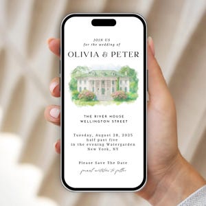 Custom Watercolor Wedding Venue Illustration: Digital Save the Date (Canva Template)