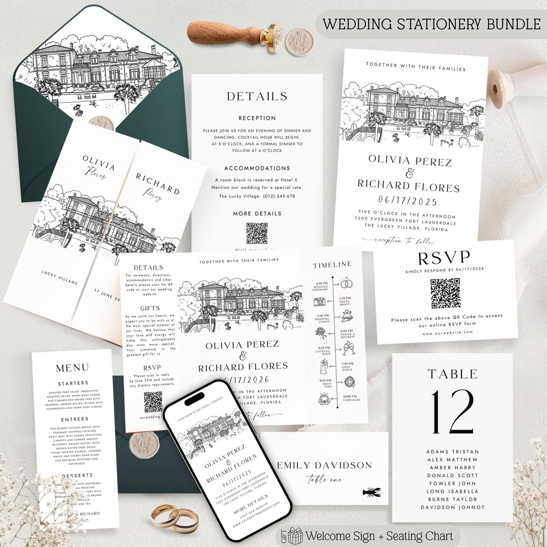 Custom Venue Line Art Invitation Bundle | Personalized Illustration ...