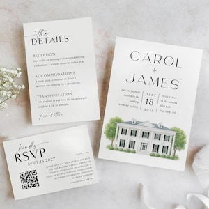 Venue wedding invitations,Watercolor venue wedding invitation - Illustration wedding venue,Details-Rsvp Invitation Template,Watercolor Venue
