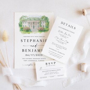 Venue wedding invitations,Watercolor venue wedding invitation - Illustration wedding venue,Details-Rsvp Invitation Template,Watercolor Venue