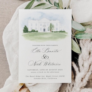 Custom Wedding Invitation with Watercolor Venue Painting, Wedding Church Portrait,Digital Watercolour Venue, Custom Watercolour Illustration