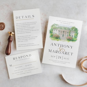 Venue wedding invitations,Watercolor venue wedding invitation - Illustration wedding venue,Details-Rsvp Invitation Template,Watercolor Venue