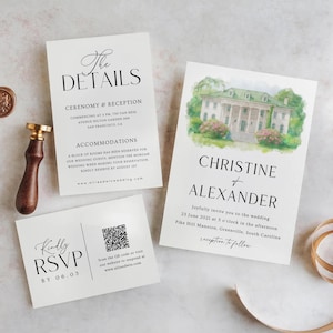 Venue wedding invitations,Watercolor venue wedding invitation - Illustration wedding venue,Details-Rsvp Invitation Template,Watercolor Venue