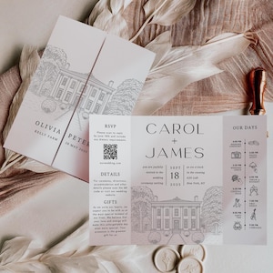 Wedding Venue Sketch Invitation: Custom Line Art (DIY Canva Template, Digital Download)