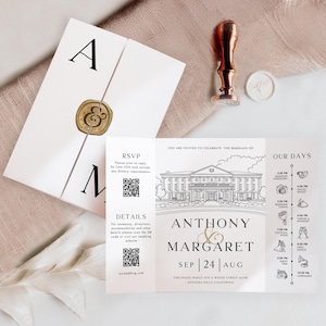 Wedding Venue Sketch Invitation: Custom Line Art (DIY Canva Template, Digital Download)