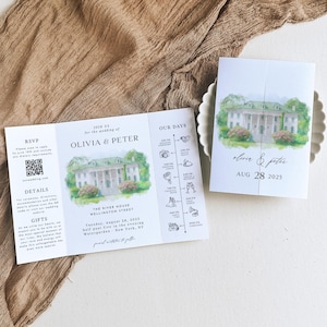 Watercolor Venue Wedding Invitation: Custom Gatefold Canva Template