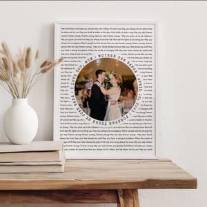 Puede incluir: Una impresión enmarcada con borde blanco, que presenta una foto de boda dentro de un diseño circular. El diseño incluye texto alrededor de la foto, con las palabras "I LOVE YOU, MOM, I MOTHER SON DANCE APRIL 12, 2021". La impresión se muestra sobre una superficie de madera.