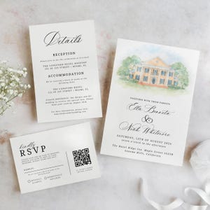 Venue wedding invitations,Watercolor venue wedding invitation - Illustration wedding venue,Details-Rsvp Invitation Template,Watercolor Venue