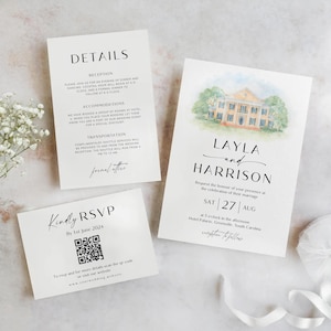 Venue wedding invitations,Watercolor venue wedding invitation - Illustration wedding venue,Details-Rsvp Invitation Template,Watercolor Venue