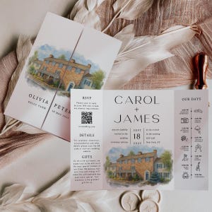 Custom Watercolor Wedding Invitation: Venue Portrait Canva Template (PDF, JPEG, PNG)