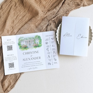 Custom Watercolor Wedding Invitation: Venue Portrait Canva Template (PDF, JPEG, PNG)