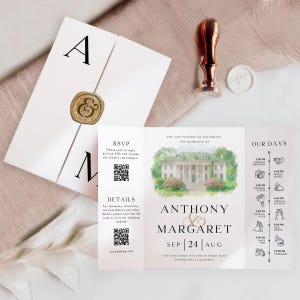 Custom Watercolor Wedding Invitation: Venue Portrait Canva Template (PDF, JPEG, PNG)