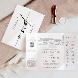 Wedding Venue Sketch Invitation: Custom Line Art (DIY Canva Template, Digital Download)