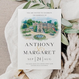 Custom Church Portrait Wedding Invitation, Watercolor Venue, Canva Digital Download