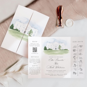 Watercolor Venue Wedding Invitation: Custom Gatefold Canva Template (PDF, JPEG, PNG)