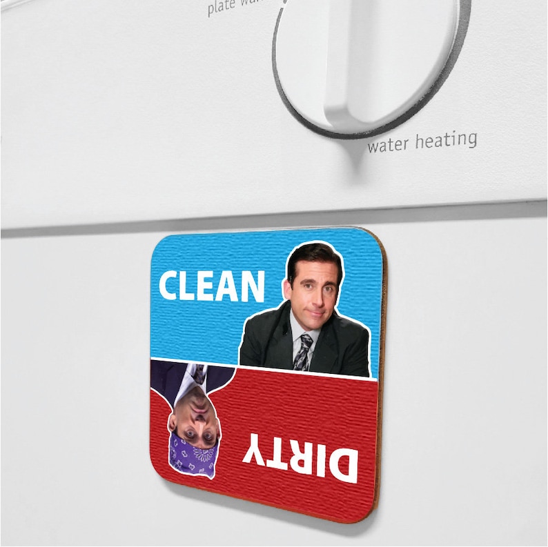 May include: A blue and red magnet with the words "CLEAN" and "DIRTY" on it. The magnet features a picture of Michael Scott from the TV show "The Office" on the clean side and a picture of Dwight Schrute from the TV show "The Office" on the dirty side.