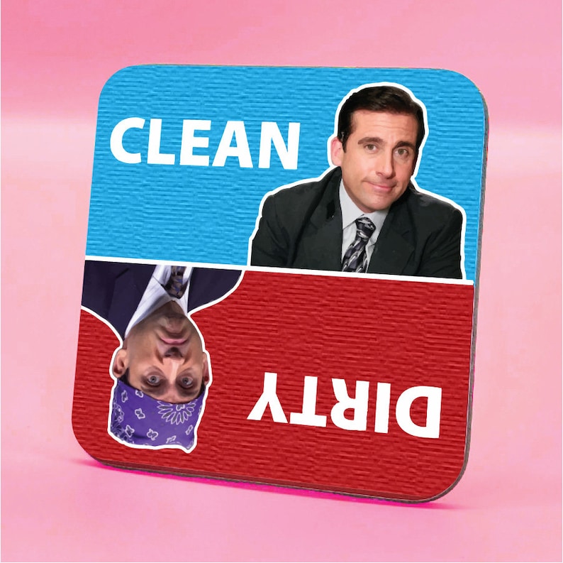 May include: A square coaster with a red and blue design. The top half is blue with the word "CLEAN" in white text. The bottom half is red with the word "DIRTY" in white text. The top half features a photo of a man in a suit. The bottom half features a photo of the same man upside down wearing a purple bandana.