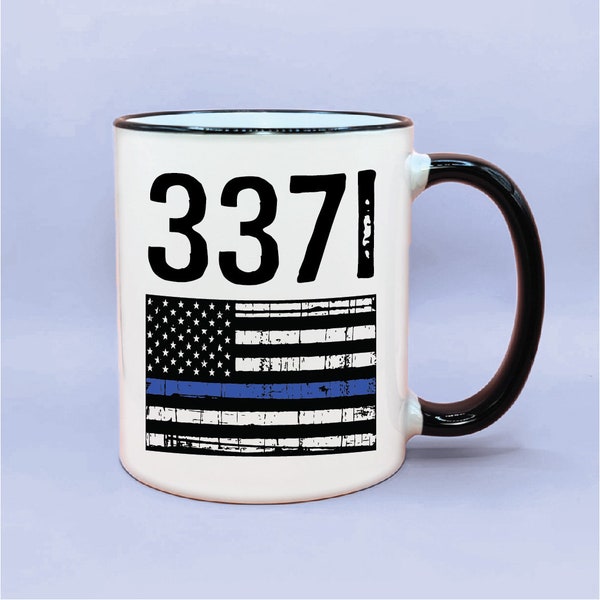 Personalized Distressed Blue Line Flag Mug Thin Blue Line Gift Idea, LEO Support Gift Custom Cop Coffee Cup, Back the Blue, Badge Number Mug