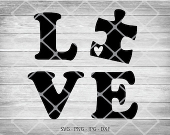 May include: Black and white graphic design of the word "LOVE" with the "O" replaced by a puzzle piece with a small heart inside.
