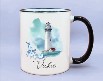 Personalized Lighthouse Coffee Mug, Lighthouse Name Coffee Cup, Cute Personalized Name Coffee Mugs, Gifts for her, Lighthouse themed Decor