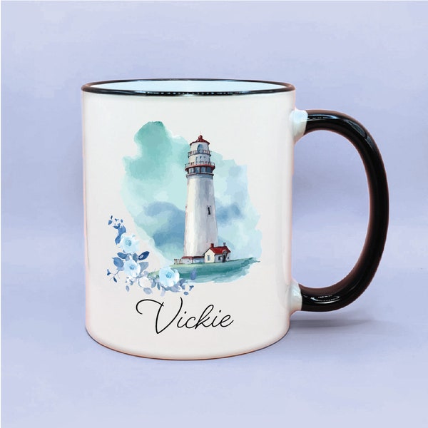 Personalized Lighthouse Coffee Mug, Lighthouse Name Coffee Cup, Cute Personalized Name Coffee Mugs, Gifts for her, Lighthouse themed Decor