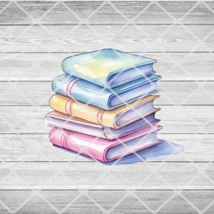 Puede incluir: Una pila de cinco libros coloridos con diseños pintados en acuarela. Los libros están dispuestos en un orden de tamaño graduado, con el libro más grande en la parte inferior y el libro más pequeño en la parte superior. Los libros están sobre un fondo de madera gris claro.