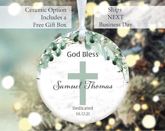Personalized Dedicated Ceramic Ornament with Name and Date, Green Ivy Cross Porcelain Keepsake Ornament, Boys Dedication, Girls Dedication