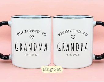 Promoted to Grandma and Grandpa Est Year #1 Mug Set, New Baby Reveal Idea, Grandparent Mug Sets, New Grandparent Gift, Grandma Cup, Grandpa