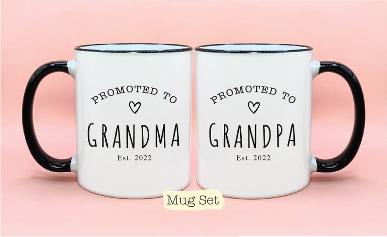 Promoted to Grandma and Grandpa Est Year #1 Mug Set, New Baby Reveal Idea, Grandparent Mug Sets, New Grandparent Gift, Grandma Cup, Grandpa image 1