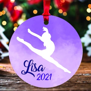 Personalized Gymnast Purple Christmas Ornament, Gymnastics Themed Custom Ornament, Gymnast Christmas Year Name Gift Ornament