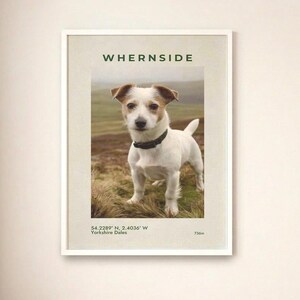 May include: White framed print featuring a Jack Russell Terrier dog standing in a field. The print includes the text "Whernside" at the top and coordinates and location details at the bottom. The dog wears a black collar.