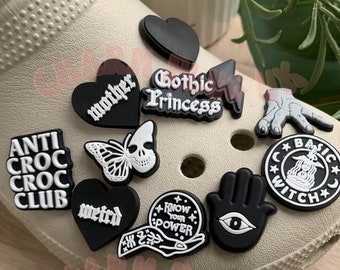 Gothic Croc Charms Clog Black & White Goth Charm Bundle Shoe Pin Badge Mother Weird Heart Evil Eye Ghost Skull Witch Set