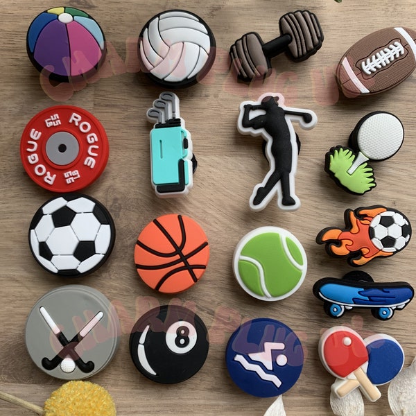 Sport Croc Charms Football Clog Charm Gym Shoe Pin Badge Male Sports Swimming Golf Basketball Hockey Tennis Pool Rugby Dumbbell