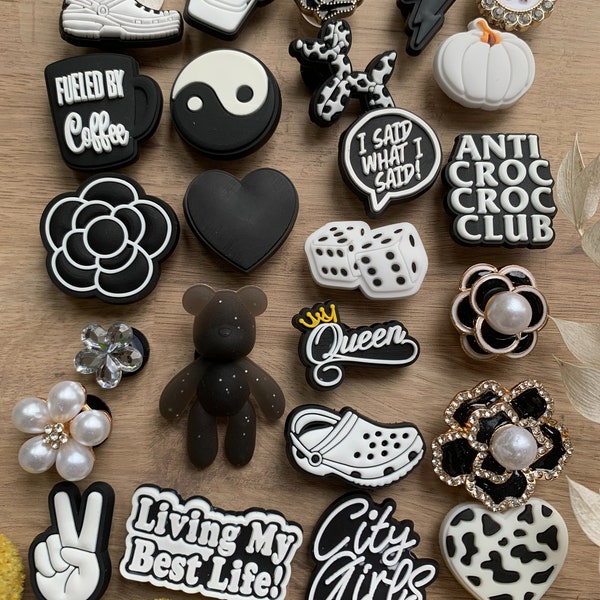 Croc Charms Black Shoe Clog Accessories Pin Badge Black & White Goth Cat Dog Car Ghost Paw Heart Ghost Pumpkin