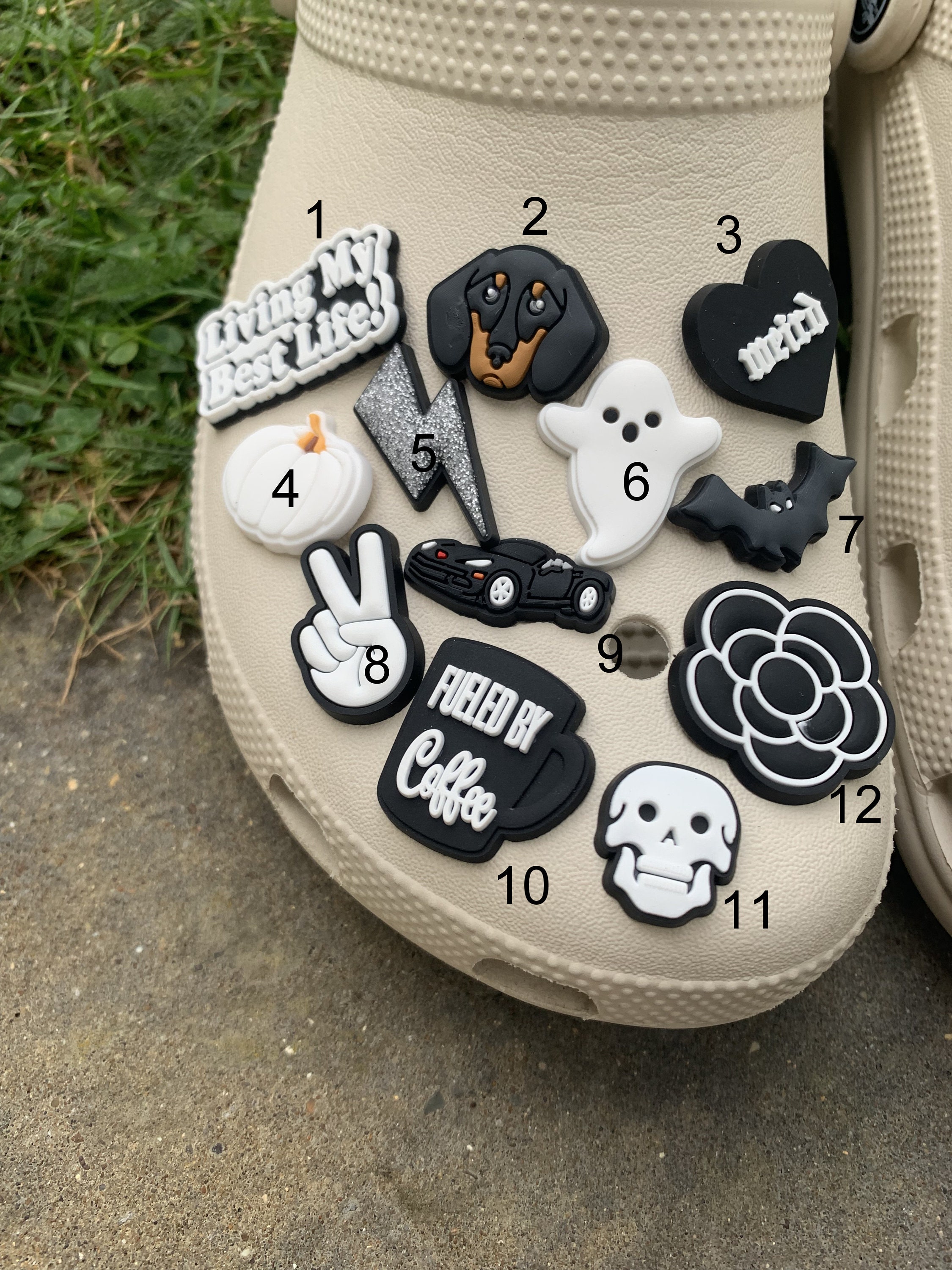 Croc Charms Shoe Clog Accessories Pin Badge Black & White Goth Cat Dog Car  Ghost Paw Heart Ghost Pumpkin 
