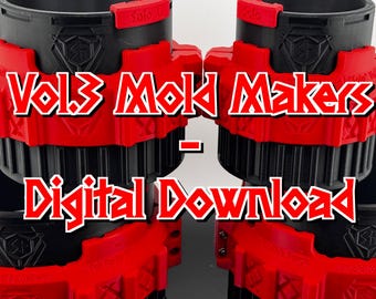 Puede incluir: Dos moldes 3D impresos en negro y rojo con el texto "Vol 3 Mold Makers - Digital Download" en blanco.
