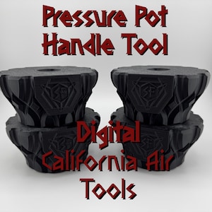 May include: Four black pressure pot handle tools stacked on top of each other. The tools are made of a textured, black plastic. The tools have a logo on the top and bottom of each tool. The logo is a stylized "SF" in a circle. The text "Digital California Air Tools" is printed in red below the tools.