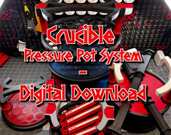Puede incluir: Un sistema de olla a presión Crucible negro y rojo con las palabras "Descarga digital" en rojo y blanco. El sistema incluye varios componentes, incluyendo una base circular, soportes y una parte superior con patrón de panal.