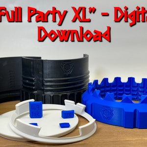 May include: A set of 3D printed game pieces in black, white, and blue. The pieces are shaped like rings and have a textured surface. The text "Full Party XL" - Digital Download is visible in the image.