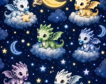 May include: A dark blue night sky pattern featuring six baby dragons in various colors, each resting on a fluffy cloud. The dragons have pacifiers and wings. A yellow crescent moon with a banner reading Liam is centered at the top.