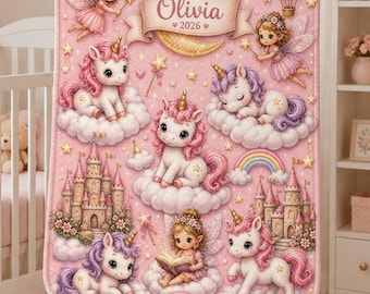 Personalized Fairy Unicorns Sherpa Fleece Blanket | Pink Princess Nursery