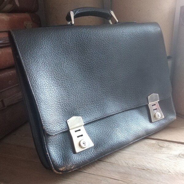 Vintage Leder Aktentasche schwarz Metall Henkeltasche Business Retro