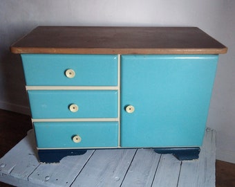 Alter kleiner Vintage Schrank Kommode  3 Schubladen 1 Tür blau weiß braun mit Füßen Holz Mid Century Rockabilly 1950er 60er Original Vintage