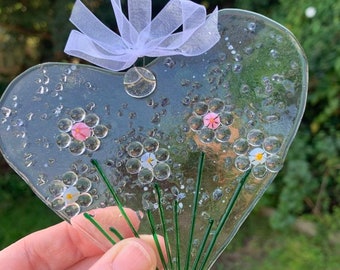 Fused Glass Dotty Flowers Heart Suncatcher Gift approx 11cm